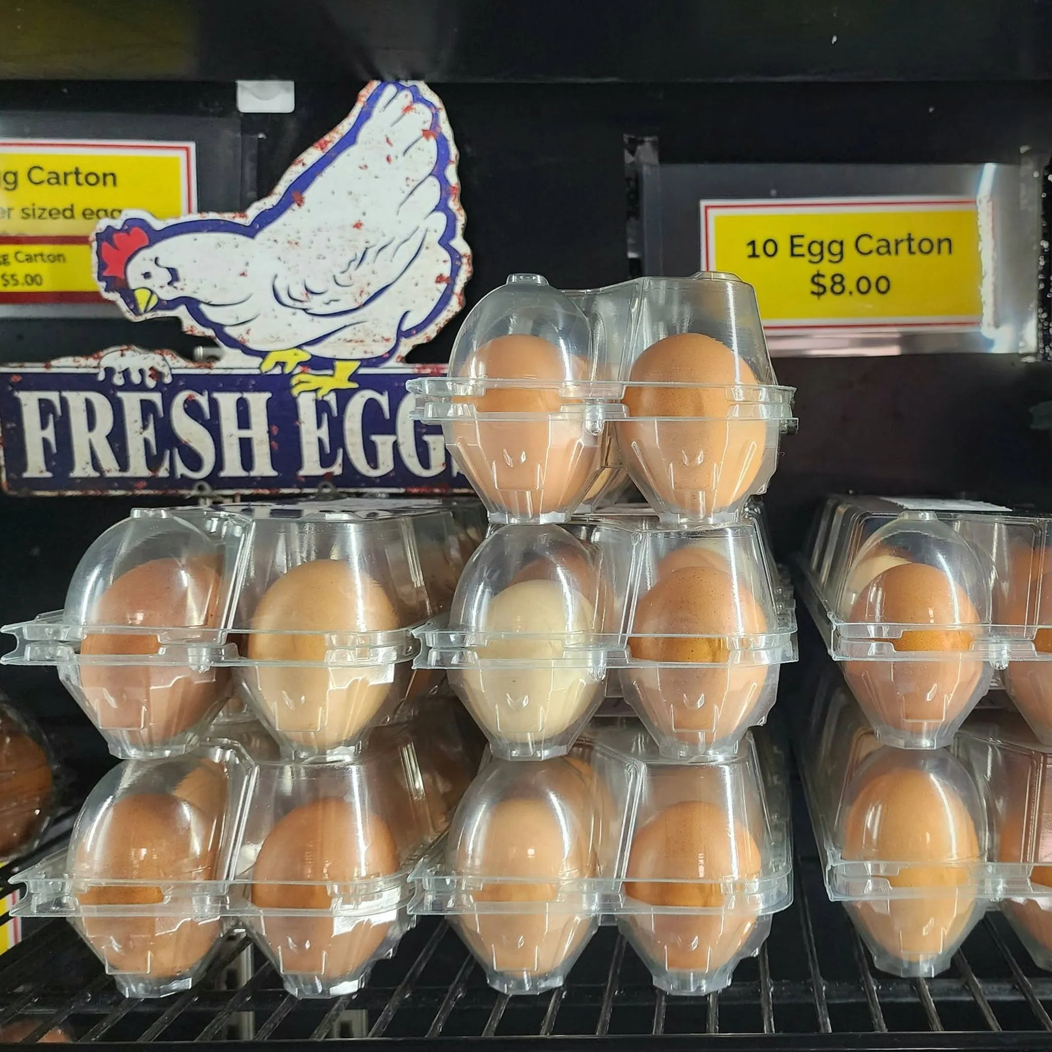 Stacked transparent egg cartons on a display shelf with Fresh Eggs sign and price tags