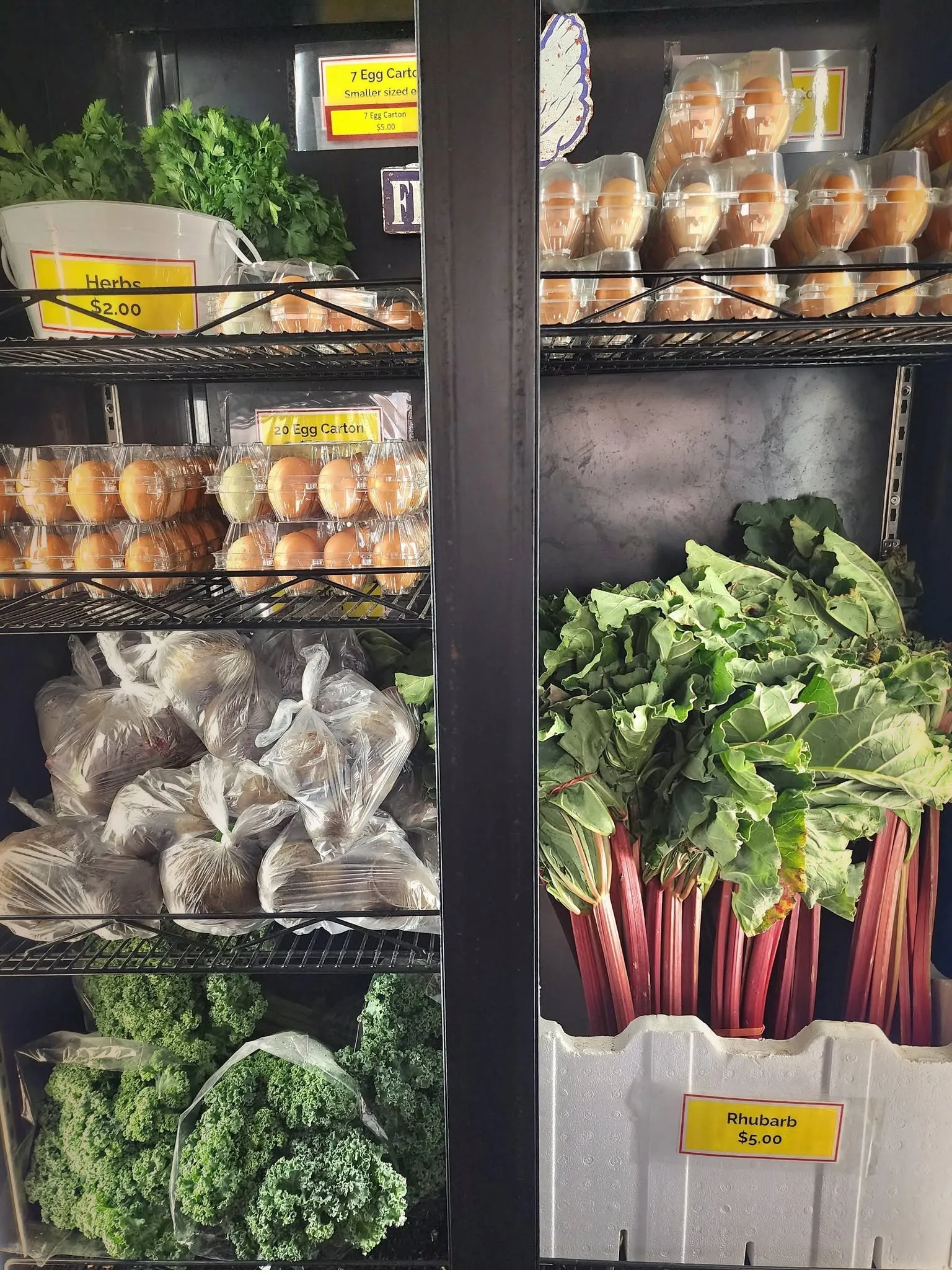Green Hut store refrigerators stocked with rhubarb, kale, herbs, eggs and fresh produce